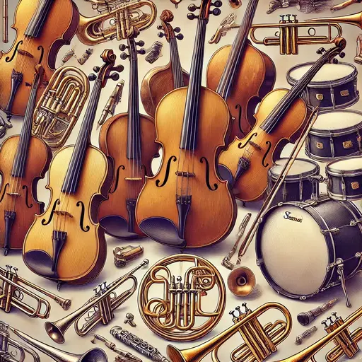 Imagem de instrumentos musicais de uma orquestra, incluindo violino, trompete, flauta e timbales, organizados harmonicamente em um fundo neutro.